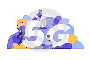 5G network wireless technology concept. People standing and sitting near big 5G sign and using smartphone gadgets. High-speed