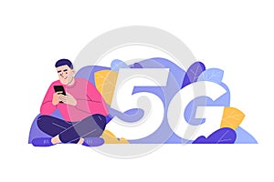 5G network wireless technology concept. Young happy man sitting near big 5G sign and using smartphone gadget. High-speed mobile