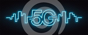 5G network wireless technology. Fifth generation of mobile internet. 5g technology, background and neon signboard design. High