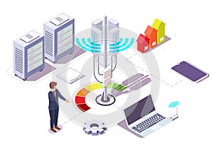 5G network wireless technology flowchart. Communication tower, server, laptop, smartphone, vector isometric illustration