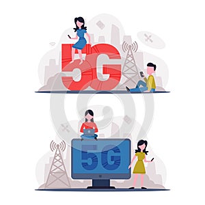 5G Network Wireless Technology with Man and Woman Using High-speed Internet Vector Set