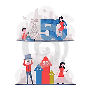 5G Network Wireless Technology with Man and Woman Using High-speed Internet Vector Set