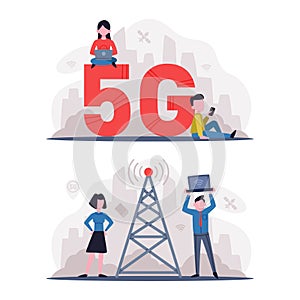 5G Network Wireless Technology with Man and Woman Using High-speed Internet Vector Set