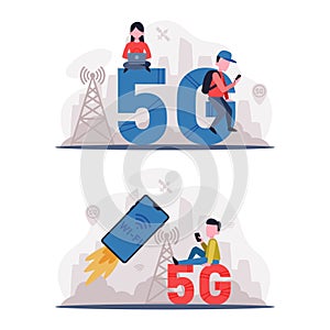 5G Network Wireless Technology with Man and Woman Using High-speed Internet Vector Set