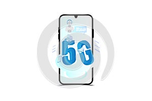 5G network wireless technology. Smartphone with Isometric laptop and icon chatbot. Next generation high speed internet. Flat