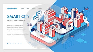 5G network wireless technology vector illustration. Isometric smart city with big letters 5g and tiny people. Modern city connecte