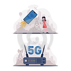 5G Network Wireless Technology with Woman Using High-speed Internet Vector Set