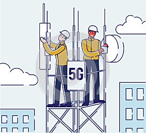 5G Network WirelessTechnology Concept. Workers on Repeater Tower Setting Up High-speed Mobile Internet