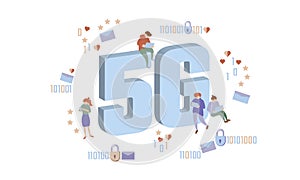 5G new wireless internet wifi connection. Small people large big symbol letters. Gadgets device isometric blue 3d flat