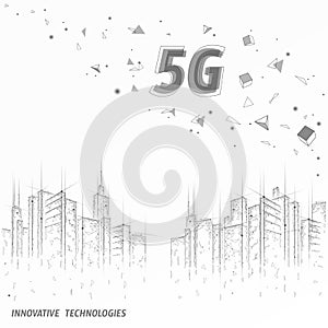 5G new wireless internet wifi connection. Urban buildings cityscape. Global network high speed innovation connection