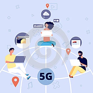 5g. People on globe with devices with 5g mobile internet, speed broadcasting and wireless network. Digital web controls