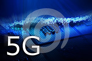 5G signs with blue light fiber optics background and cpu. Communication Concept. 3d illustration