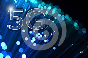 5G signs with light fiber optics background. Communication Concept