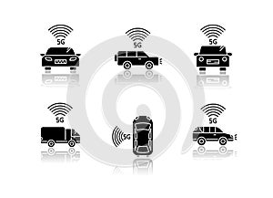 5G smart cars drop shadow black glyph icons set. Vehicles with Internet connection. Autonomous driving. Self-driving