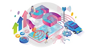 5G speed isometric cyberspace and tiny persons concept vector illustration.