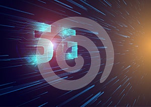 5G symbol with blue abstract futuristic background.