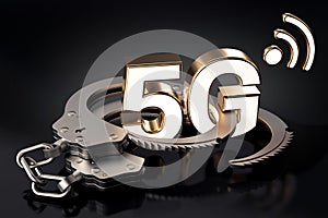 5G symbol in handcuffs. Legal problems around careers, operators, bills, for high speed networks concept. 3D rendering