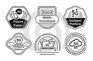 5G technology monochrome emblem line art vector illustration. Global internet connection provider