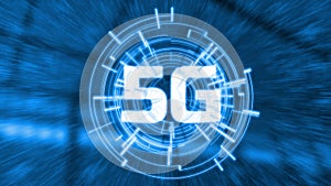 5G technology network wireless with very super fast data communication bandwidth speed. Glowing LED logo with futiristic hud