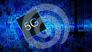 5g technology. Wireless network business technology with 5g computer chip on digital motherboard background. LTE data