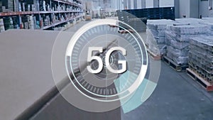 5g text over neon round scanners against warehouse in background