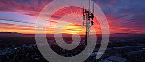 5G tower over city at sunrise, warm colors, birdseye view, highres photo , professional color grading