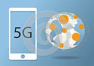 5G vector abstract new wireless internet connection background. Global network high speed network. Polygonal style. 5G symbol on