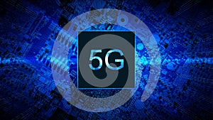 5g wireless. Digital computer motherboard with 5g mobile phone chip on wireless network business technology background
