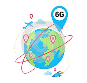 5g wireless network concept vector illustration. Global high speed internet around by Earth planet