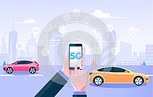 5G wireless network for web page, banner. Holding mobile control things by 5g internet connection and smart city background.