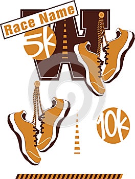 5k or 10k road race logo elements with sneakers -