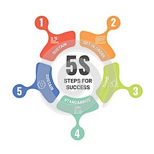 5S methodology management or 5 steps for success with circle arrow line roll diagram chart. Sort. Set in order. Shine/Sweeping.