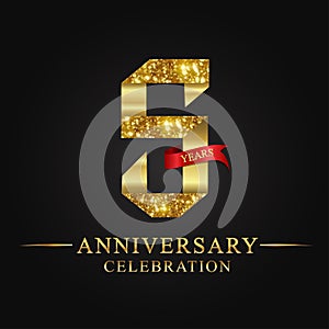 5th anniversary years celebration logotype. Logo ribbon gold number and red ribbon on black background.