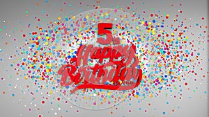 5th Happy Birthday Typography Open Surprise gift box present Open Falling confetti background.