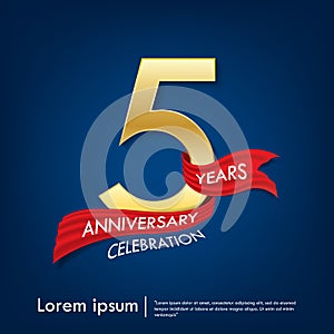 5th years anniversary celebration emblem. anniversary elegance golden logo with red ribbon on dark blue background, vector