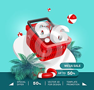 6.6 white 3D in shopping basket and there are coconut trees, lifebuoys and mega sale sign with 50percent discount on front
