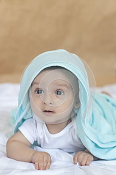 6-8-month-old baby boy lying playfully in bed. Charming 6-7 month little baby in white bodysuit. Baby boy in white bedding. Copy