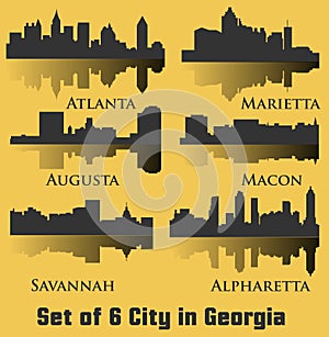 6 City silhouette in Georgia (Atlanta, Augusta, Alpharetta, Savannah, Macon, Marietta)