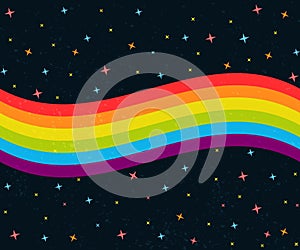 6 colors rainbow wave on dark night sky with stars. Gay pride flag