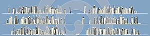 6 detailed images of modern architectural structures forming city skyline isolated on blue background, city expanding concept - 3D