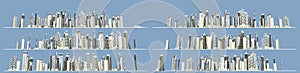 6 detailed images of modern buildings forming city skyline isolated on sky background, city development concept - 3D illustration