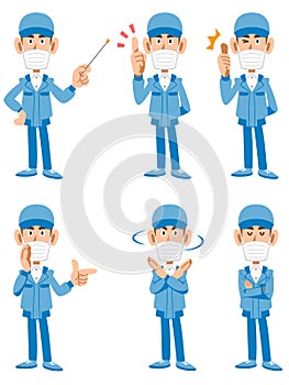 6 different poses and facial expressions of a man in blue work clothes with a mask