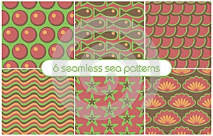 6 different seamless sea patterns (tiling). Vector illustration