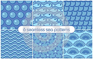 6 different seamless sea patterns (tiling). Vector illustration
