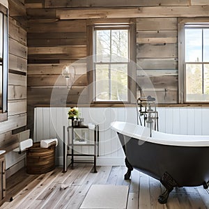 6 A farmhouse-inspired bathroom with shiplap walls, a clawfoot tub, and a rustic vanity2, Generative AI