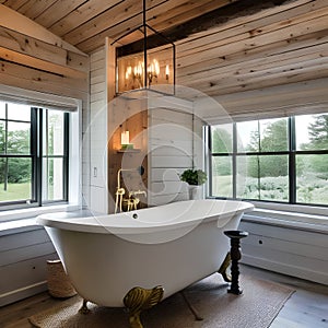 6 A farmhouse-inspired bathroom with shiplap walls, a clawfoot tub, and a rustic vanity4, Generative AI