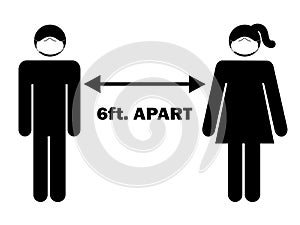 6 ft. Apart Man Woman Stick Figure with facial mask. Pictogram Illustration Depicting Social Distancing during Pandemic Covid19