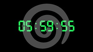 6 hour o`clock digital clock. Seconds count to six. Numerical electronic green display screen