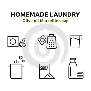 6 icons which stand for the steps for making homemade laundry. Icons designed in line art style can be used for web and print