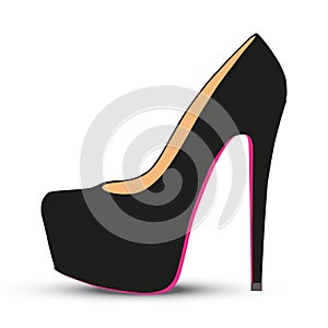 6 inches black very high heels platform pump with pink sole. Vector illustration